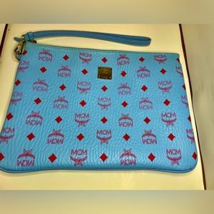 MCM Medium Visetos Wristlet Bag in Blue Bell